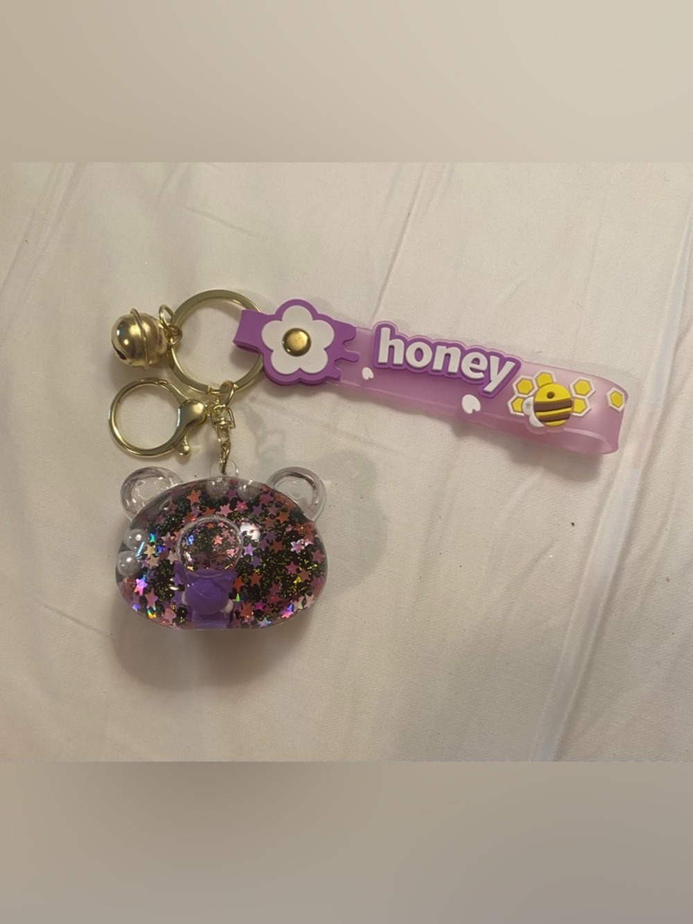Cute Purple Bear Kuromi Glitter Keychain Charm w/ Honey Wrist Strap